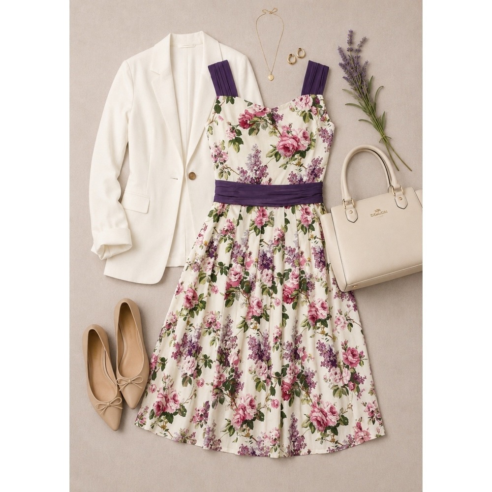 DISIYA Floral Rose Lilac Fit and Flare Dress Size Medium